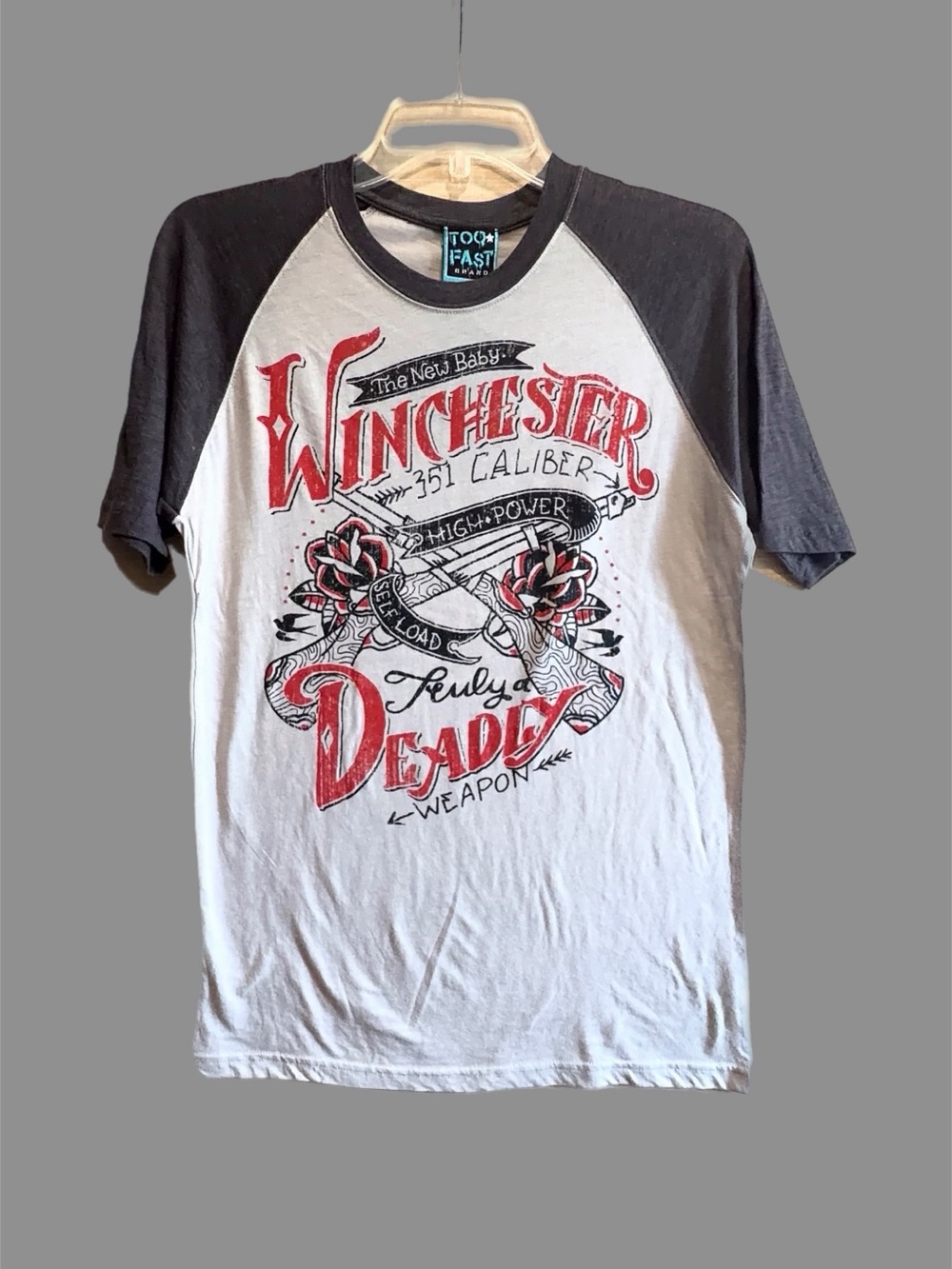 Too Fast Winchester Raglan Tee - White & Black with Red Graphic